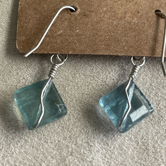 Natural Fluorite Sterling Silver Wire Wrapped Earrings Handmade Gemstone Dangles - Picture 6 of 7
